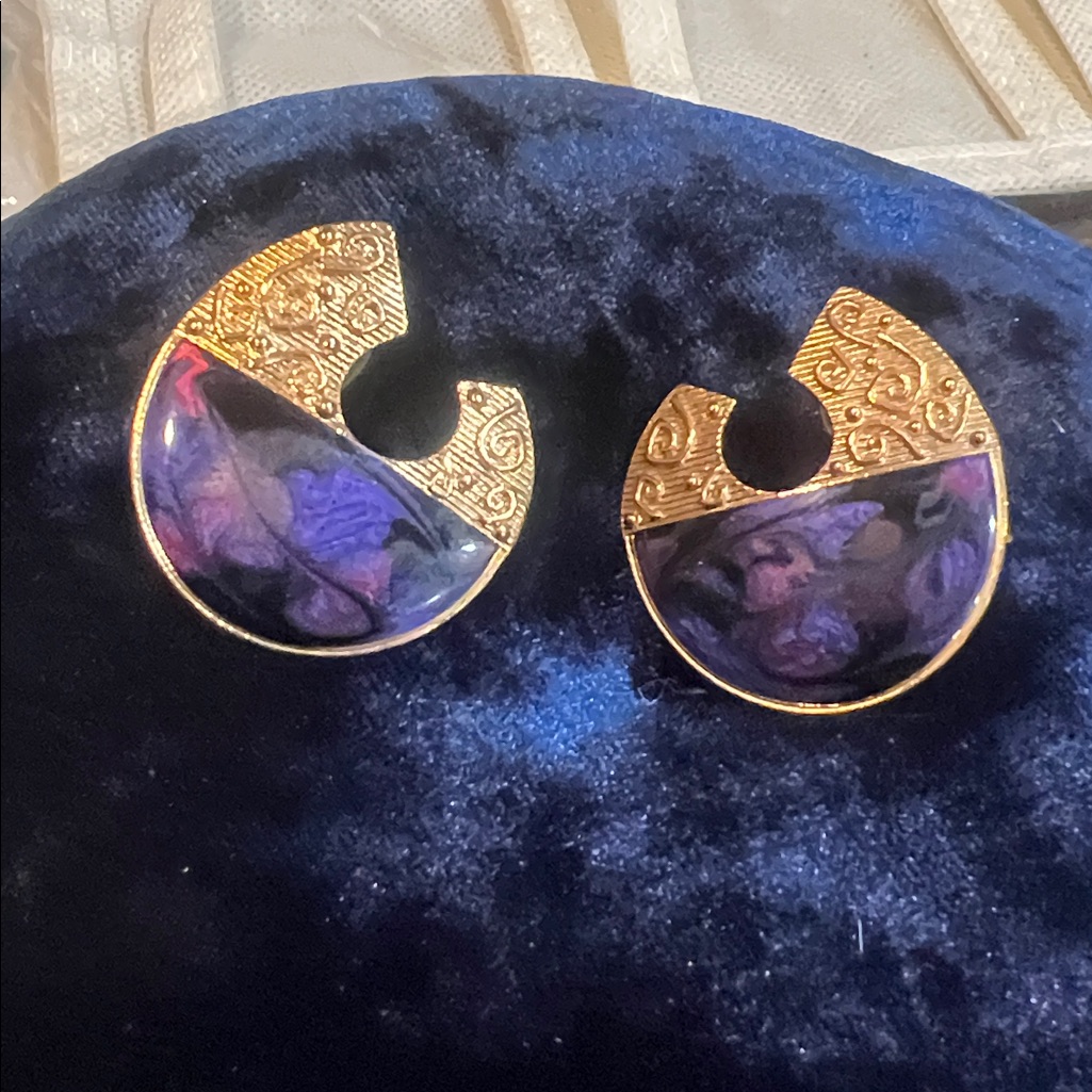 Vintage Berebi Purple Etched Brass Post Stud Earrings